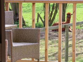 A wicker chair on a wooden deck with a brown alpaca sitting outside near a fence at Duck Lodge in Bedale