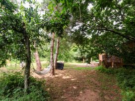 An outdoor space with trees and a hammock at Brambly Cabin Crediton