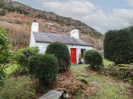 A small white stone cottage with a red door and windows surrounded by bushes and a rocky hillside at Quarry Cottage in Blaenau Ffestiniog