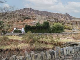 A white cottage behind trees and a stone wall with a mountain in the background at Quarry Cottage in Blaenau Ffestiniog