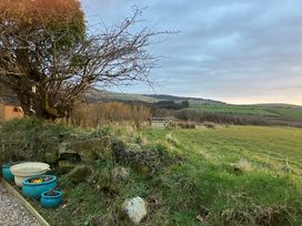 A grassy field with a tree and flower pots near a stone wall and a metal gate in the distance at Y Gweithdy Rhos Eirin in Maenclochog