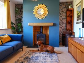 A living room with a fireplace and a dog at Hillsview in Combe Martin