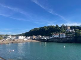 A beach with people and houses near the water at Hillsview in Combe Martin