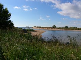 A river and sandy bank with grass and trees at Percy Cottages No4 in Alnmouth