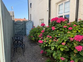 A garden with flowers and seating at Anchor Cottage (Seahouses) in Seahouses