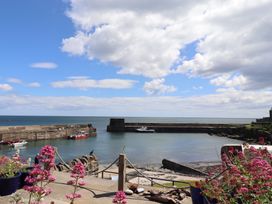 A harbor with boats and flowers at Marie's Cottage in Craster