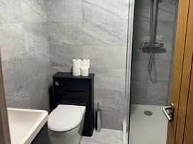 A bathroom with a toilet holding toilet paper rolls a shower with glass door and a wooden door at 1 St Marys Court in Tenby