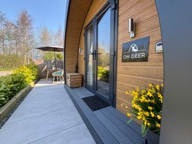 An outdoor patio area with a wooden cabin entrance a table chairs umbrella yellow flowers and greenery at Oh Deer in Ashbourne