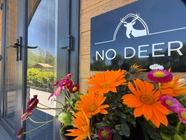 A door with a sign and flowers at No Deer in Ashbourne
