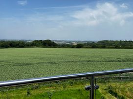 A view of a field with trees and hills from a railing at Spires Playing Place near Carnon Downs