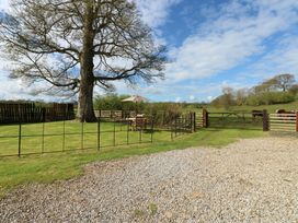 An outdoor area with a tree, table, chairs and a parasol at Rainbow Cottage in Kirkby Stephen