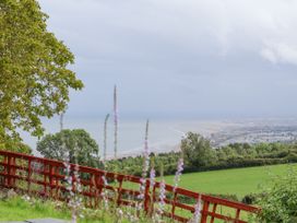 A view of a coastal town with green fields trees and a red wooden fence at Henblas Cottage in Rhyd-Y-Foel
