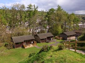 Three wooden cabins with small porches on a grassy hillside surrounded by trees and a view of a village in the background at Chalet Log Cabin L6 Combe Martin