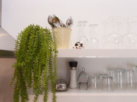 A kitchen shelf with utensils, glasses, a plant, and a figurine at Carines Barns - Tre in Cubert