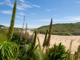 A beach view with plants and hills at Carines Barns - Tre in Cubert