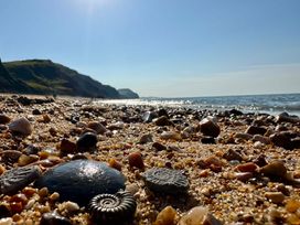 A beach with pebbles and cliffs in the background at 10 The Gardens Rousdon near Lyme Regis