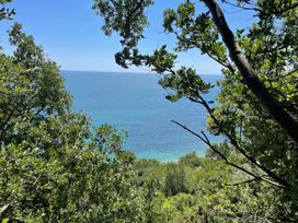 A view of the sea through trees at 10 The Gardens Rousdon near Lyme Regis