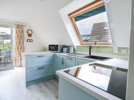 A kitchen with blue cabinets a black induction stove a microwave and a large window overlooking rooftops at Kingfisher in Isleham