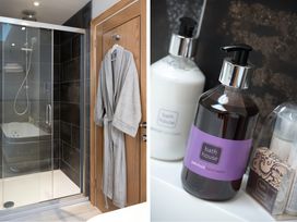 A bathroom with a shower and hand wash at Shepherds View, Dufton, near Appleby-in-Westmorland