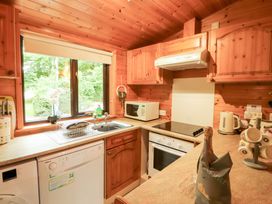 A kitchen with wooden cabinets and appliances at Derwent Lodge in Keswick
