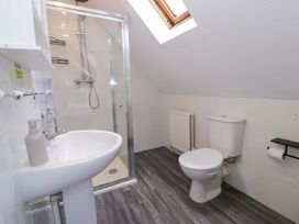 A bathroom with a sink, toilet, and shower at Woodlands Retreat in Llanfwrog near Ruthin
