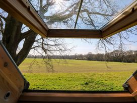 A view of a green field and leafless tree branches through a roof window at Wayford Mill in Wayford
