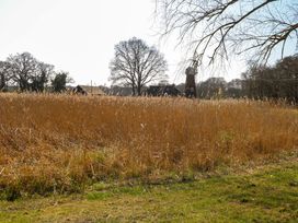 A field with tall dry grass and trees and buildings in the background at Wayford Mill in Wayford