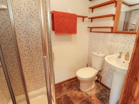 A bathroom with a shower, toilet, and sink at Beck Edge in Braithwaite