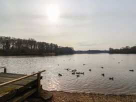 A wooden dock extending over a lake with ducks swimming and trees in the background at Woodstock in Chaffcombe near Chard