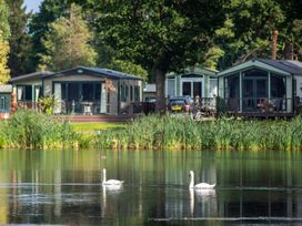 A lake with swans and holiday homes at Heron in Shobdon