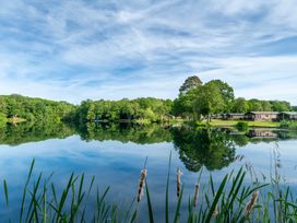 A lake with trees and cabins at Heron in Shobdon