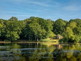 A lakeside view with a cabin and trees at Heron in Shobdon