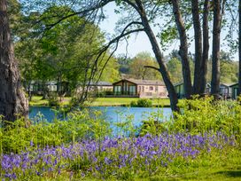 A view of holiday homes by a pond with flowers at Heron in Shobdon