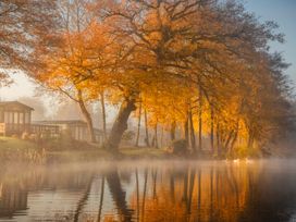 A scenic outdoor view with trees and cabins near a lake at Heron in Shobdon