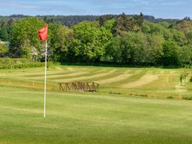 A golf course with a flag and bridge in the background at Heron in Shobdon