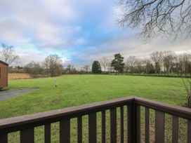 A grassy field with trees and a wooden fence in the foreground at Owl in Shobdon