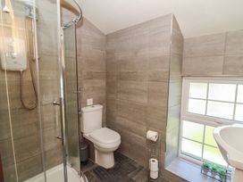A bathroom with a shower, toilet, and sink at Felin Gogoyan in Tregaron