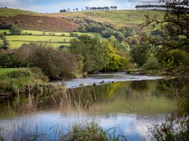 A river surrounded by trees and hills at Felin Gogoyan in Tregaron