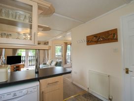A kitchen with a television and glasses in a cabinet at Snowdrop in Eardisland