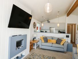 A living room with a wall-mounted TV sofa with cushions and a fireplace at 32 Sanctuary Lodge in Y Ffor