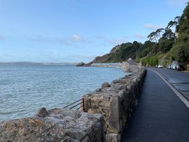 A coastal road with stone wall alongside the sea and cars parked by trees at 1 Ilsham Cottages in Torquay