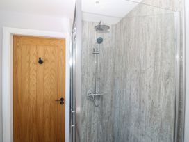 A shower with a glass door and wooden door at The Hideaway in Mynytho near Abersoch