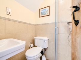 A bathroom with a toilet sink and shower at The Barn in Corwen