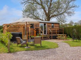 A wooden cabin with outdoor chairs umbrella and picnic table surrounded by grass and trees at Moel Y Parc in Bryniau Clwyd near Denbigh