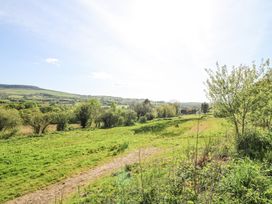 A grassy field with a dirt path and trees in a rural area at Thatched Cottage in Llanybydder