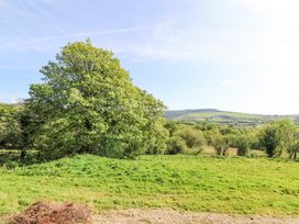 A field with green grass and trees with hills in the background at Thatched Cottage in Llanybydder