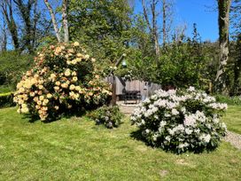 A garden with flowering bushes and outdoor seating at Glas y Dorlan near Newport, Pembrokeshire