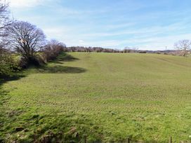 A grassy field with trees along the edges under a blue sky at The Stables in Tafarn-Y-Gelyn