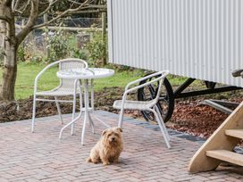 A small dog sitting on a paved patio next to a white round table and two white chairs near a trailer with large black wheels at Evendine Hut @ Evendine Cottage in Colwall Herefordshire