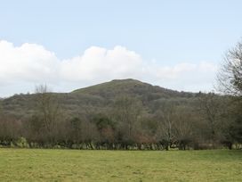 A grassy field with leafless trees and a hill in the background at Evendine Hut @ Evendine Cottage in Colwall Herefordshire